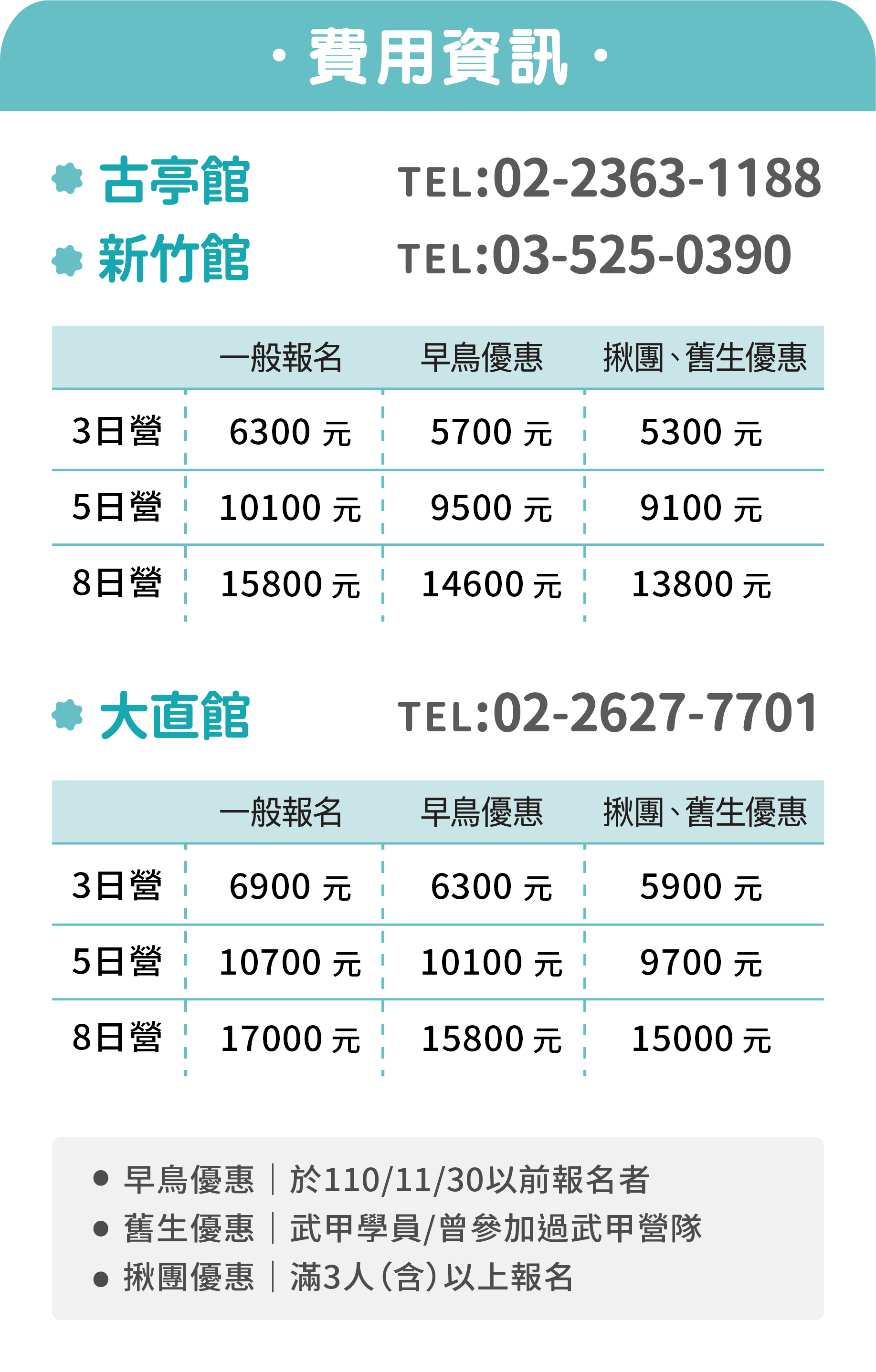 冬令營收費表